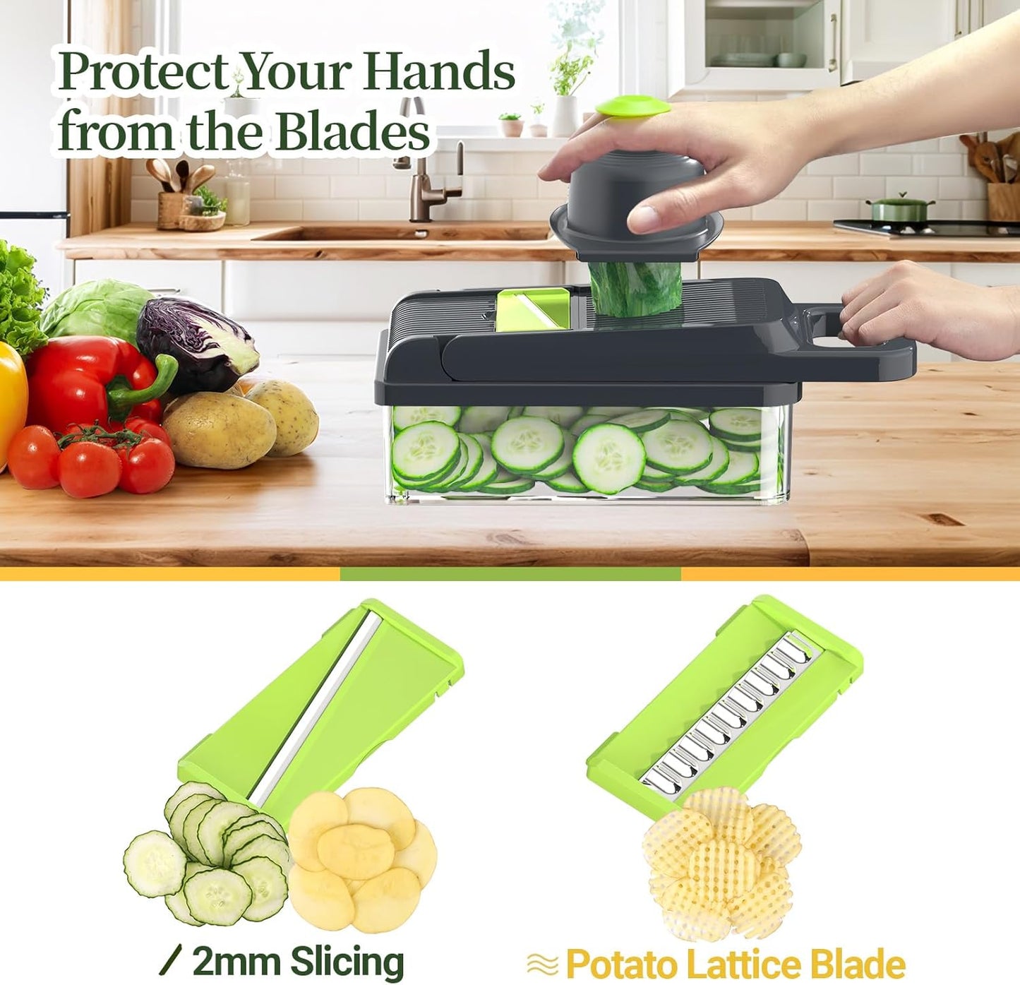 12-in-1 Vegetable Chopper, 7 Blades Veggie Chopper with Container and Lid, Dicer, Slicer, Multifunctional Kitchen Gadgets, Vegetable Cutter with Handle, Onion Cutter(Green/Grey)