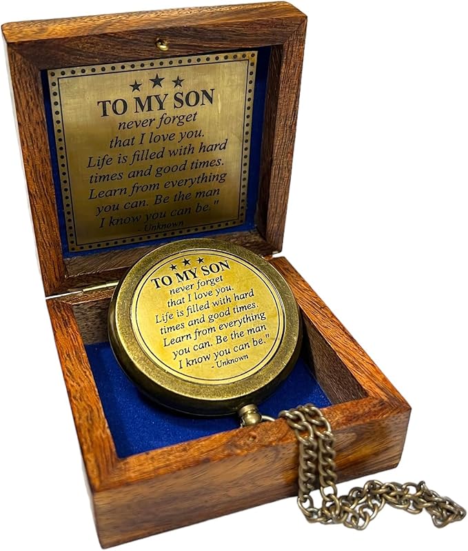 Handmade Brass Engraved Compass on Chain with Wooden Box, Vintage Style Nautical Compass with Intricate Engraving, 2.25 Inches in Diameter