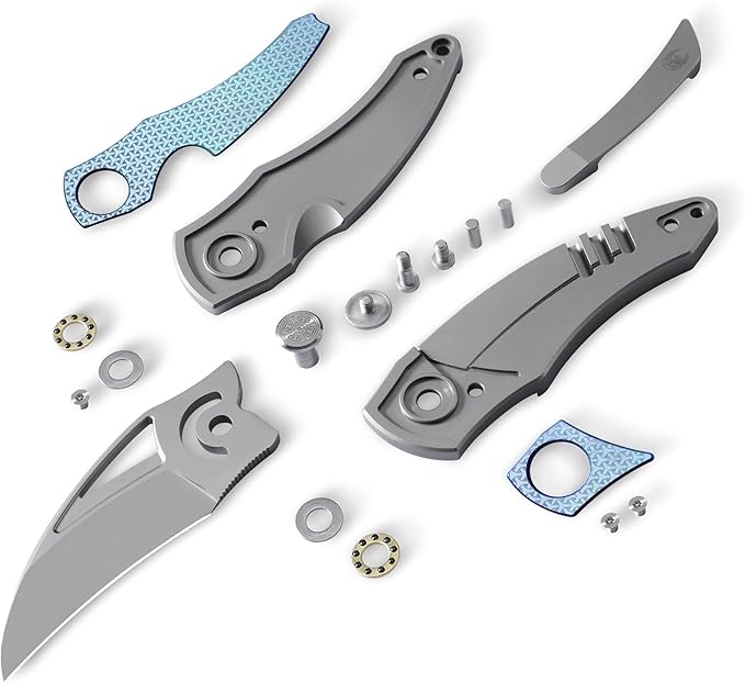 Knife Karasu Pocket Folding Knife,2.12" Grey Ceramic M390 Steel Blade Titanium Handle Front Flipper Knife,Small EDC Knife with Pocket Clip (Grayish Blue)