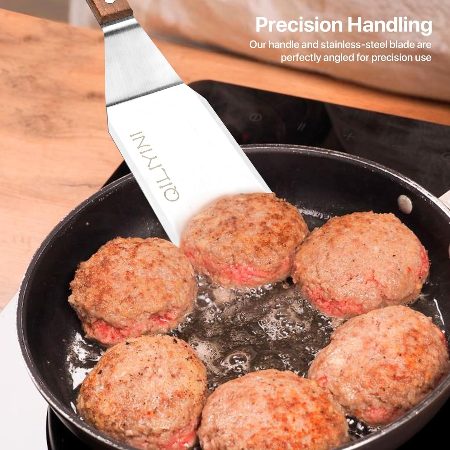 2 Pcs Stainless Steel Spatula Turner for Cast Iron Skillet, Grill Spatula with Wooden Handle, Heavy Duty Pancake Turner Metal