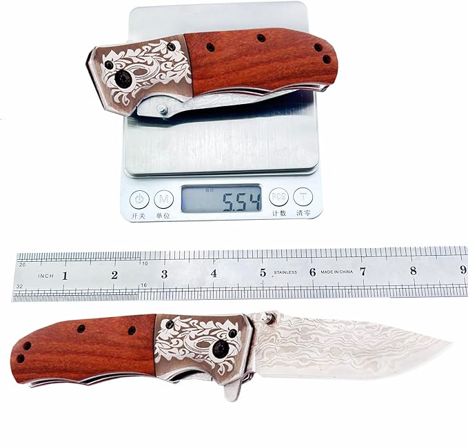 Pocket Folding Knife with 3.5”Stainless Steel blade and wood handle -Folding hunting camping Knife with liner-lock and pocket clip