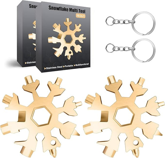 Snowflake Multitool, 2Pcs 18 in 1 Snowflake Multi tool Stainless Steel Snowflake Tool with Keyring(Gold)