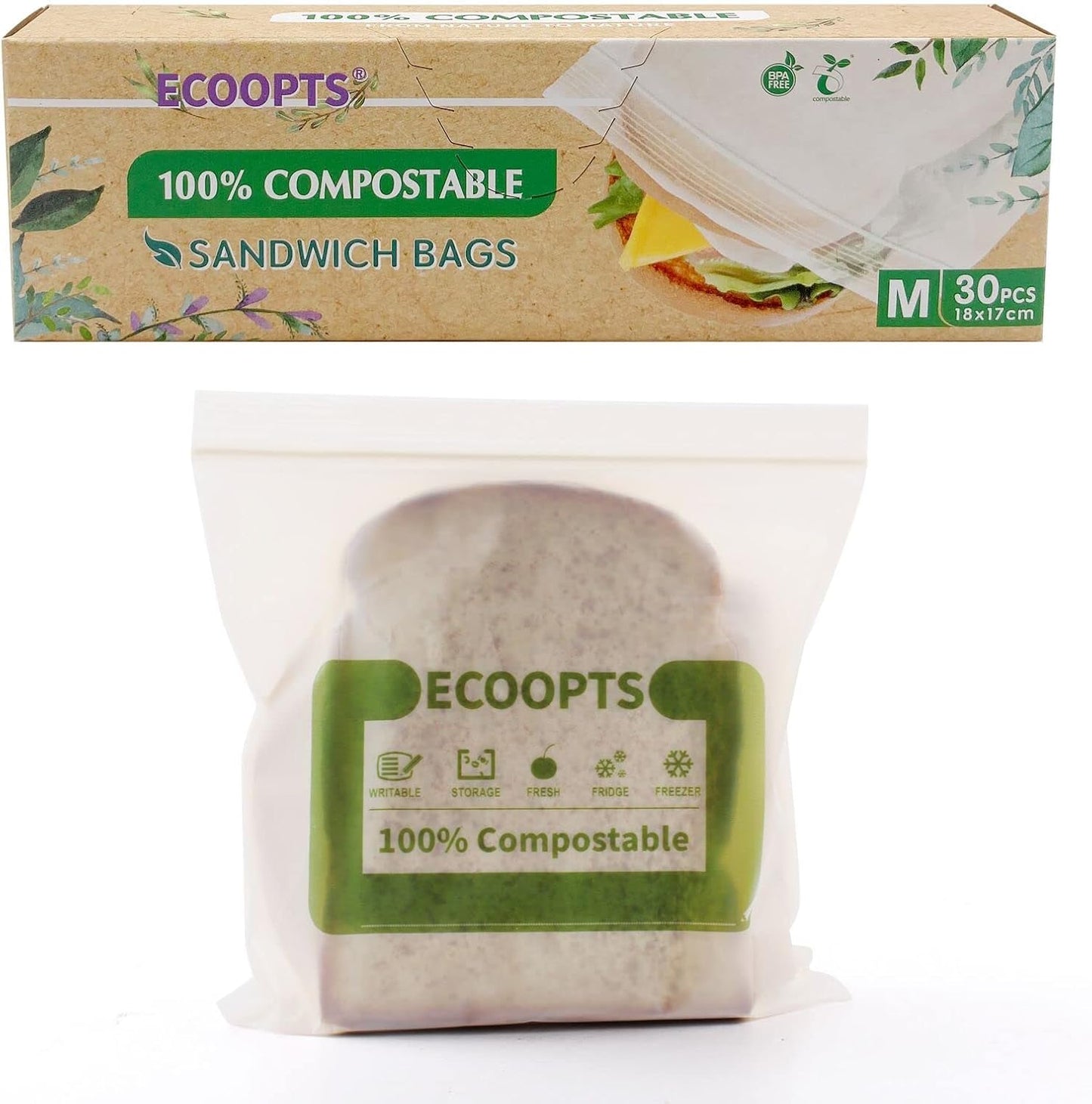 100% Compostable Sandwich Zip Bag | ECO-Friendly Food Storage Bags | Freezer Bag | Plant-Based BPA-free | Seal well for Fruit,Food and Snack (1, Medium)