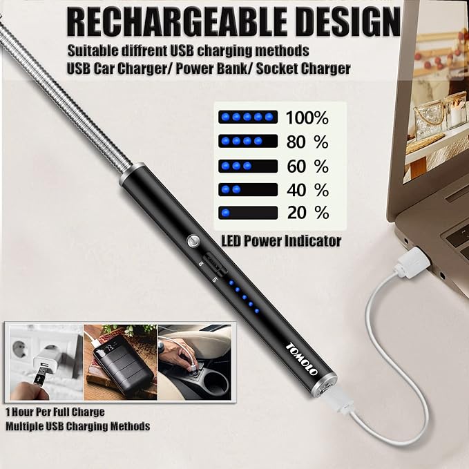 Lighter, Rechargeable Candle Lighter Grill Lighter Electric Arc Lighter with Flexible Neck, LED Battery Display Safety Switch for Candle Camping Cooking BBQs Fireworks (Black)