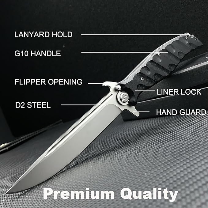 HUAAO 10.2in Large Flipper Assisted Opening Pocket Knife for Men, D2 Steel Folding Pocket Knife with G10 Handle, Safety Liner Lock, EDC Knife for Outdoor Camping Survival