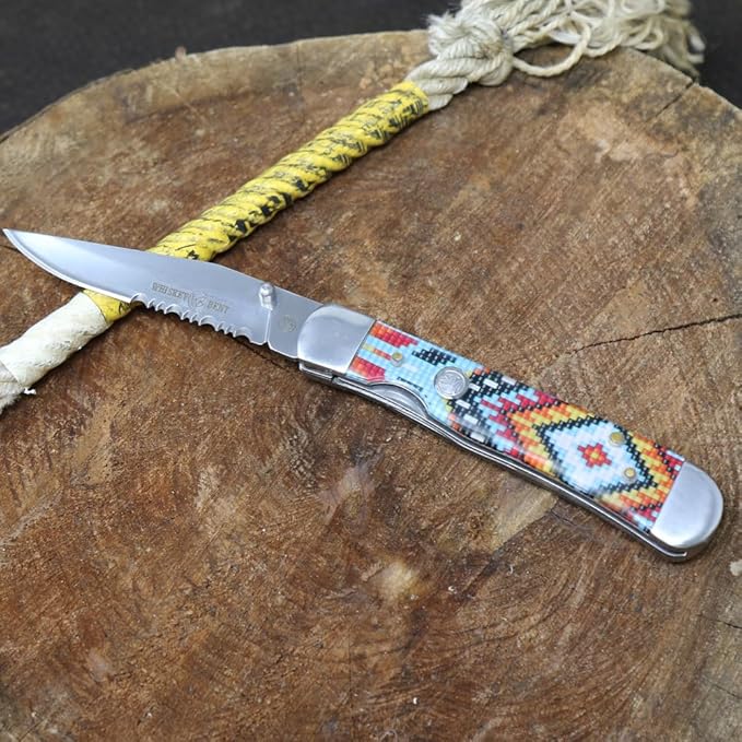 WHISKEY BENT HAT CO. Locking Trapper Folding Pocket Knife 4.125" Closed Length 440C Stainless Steel Blades (Wapi - Serrated)