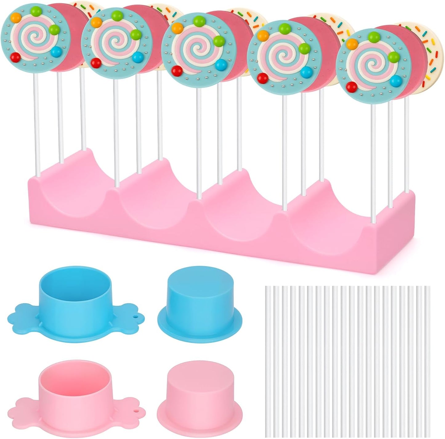 15 Holes Silicone Cake Pop Stand for Drying, Lollipop Display Holder with 2 Candy Shaped Cake Pop Mold Set & 20Pcs Sticks for Birthday Cake Decorations (Pink&Blue, 23P)