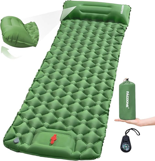 Camping Sleeping Pad with Compass, Ultralight Inflatable Sleeping Mat with Pillow, Built-in Foot Pump, Portable Camping Air Mattress for Backpacking Hiking Traveling Tent(Green)