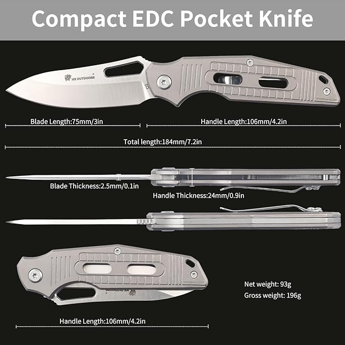 HX OUTDOORS Folding Pocket Knife, Premium D2 Steel Foldable EDC Camping Knife with Titanium Alloy Handle, Portable Clip EDC Tools for Camping Hiking Survival Outdoor, Men Women Gift