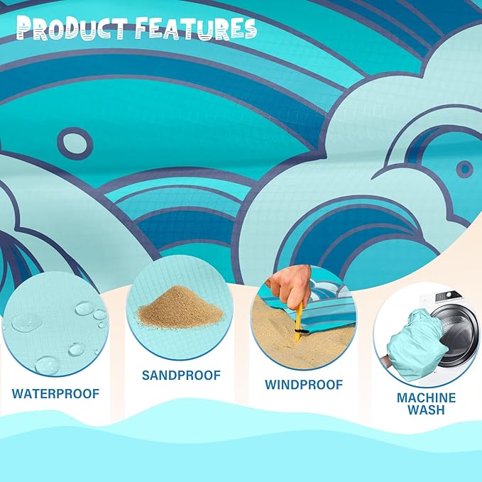 Beach Blanket Waterproof Sandproof 1-7 Adult Oversized 78 '' × 110 '' Lightweight Durable Compact Sand Free Beach Mat for Travel Camping Hiking Picnic Blanket Extra Large