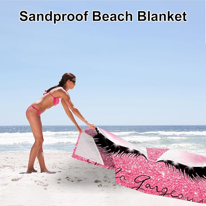 Pink Beach Blanket Waterproof Sandproof, Oversized 78”x 86” Large Foldable Outdoor Picnic Blanket 1-4 Adults, Lightweight Sand Free Beach Mat w/ 4 Stakes for Travel, Camping, Hiking - Gorgeous Eyes