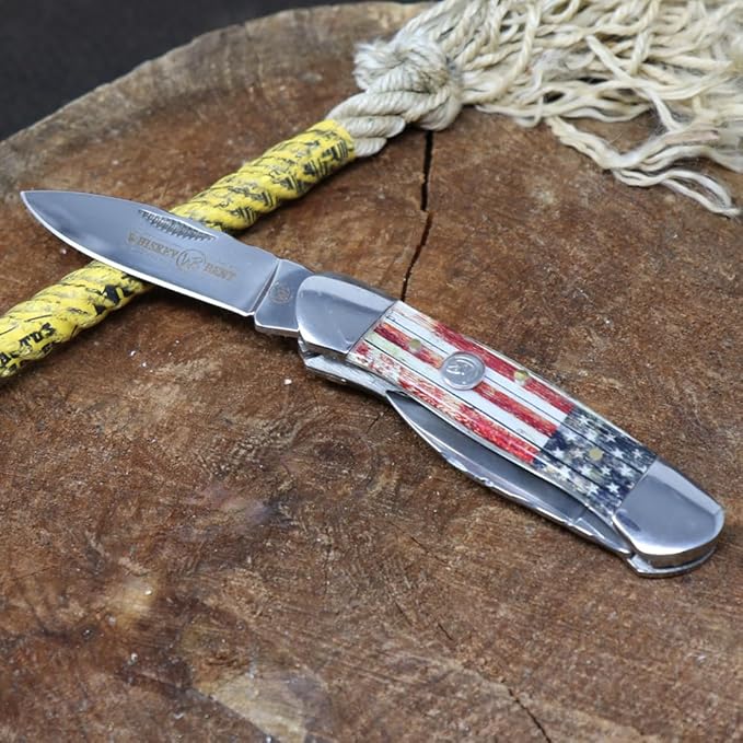 WHISKEY BENT HAT CO. Traditional Canoe Folding Pocket Knife w/Filework 3.63" Closed Length 440C Stainless Steel Blades (Patriot)