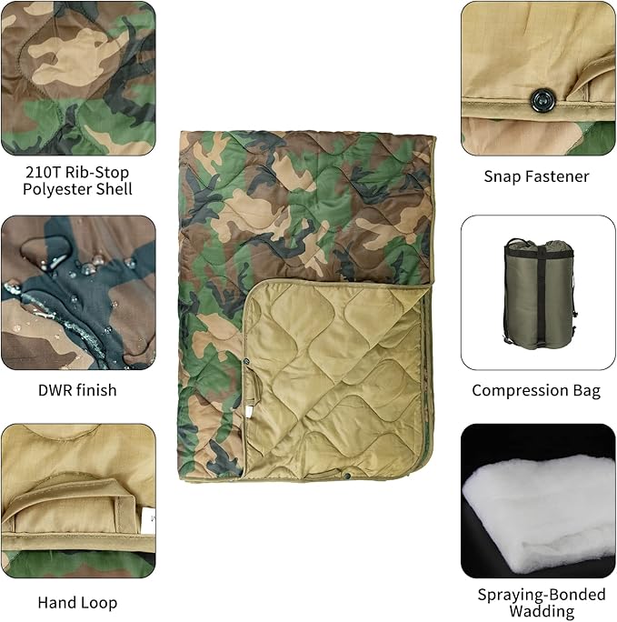 Poncho Liner Military Woobie Blanket Multicam Camo Woobie with Compression Carry Bag for Outdoors Hiking Jungle Hunting Gear