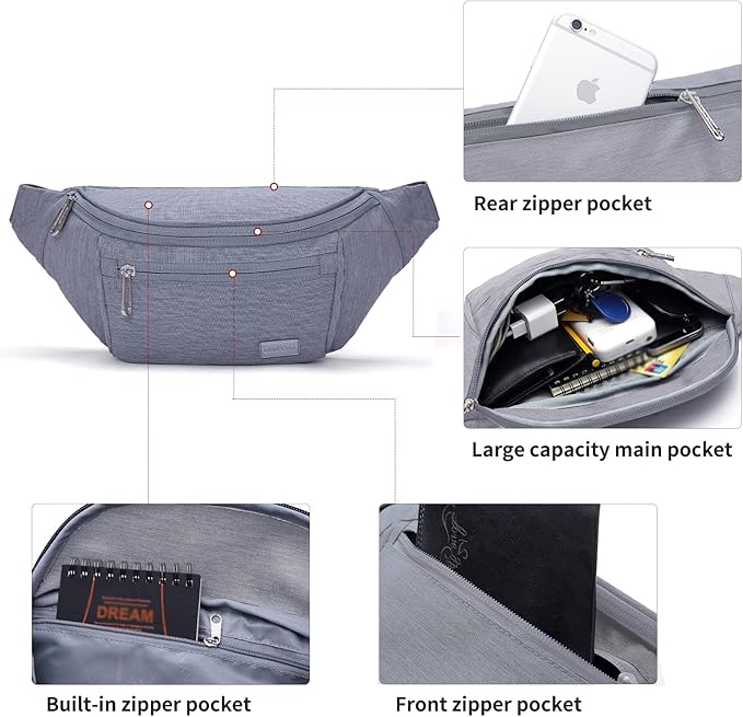TINYAT Travel Fanny Bag Waist Pack Sling Pocket Super Lightweight For Workout Vacation Hiking, Tool Kit T206, Grey