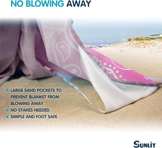 Sunlit Silky Soft 106"x81" Boho Sand Proof Beach Blanket Sand Proof Mat with Corner Pockets and Mesh Bag for Beach Party, Travel, Camping and Outdoor Music Festival, Blue and Pink Mandala