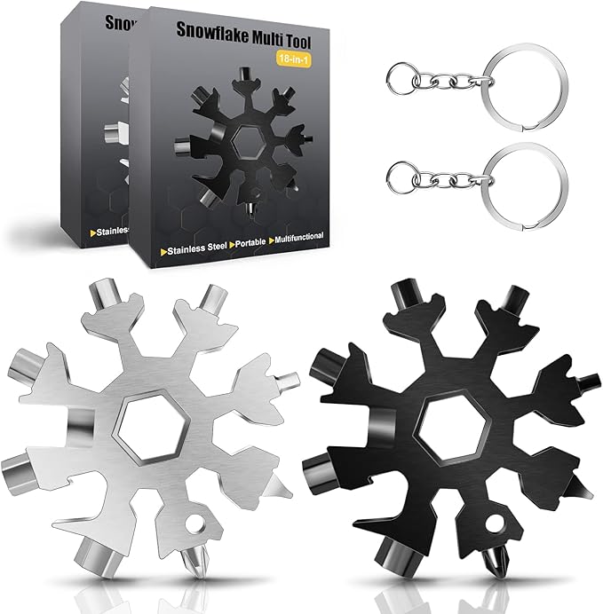 Snowflake Multitool, 2Pcs 18 in 1 Snowflake Multi tool Stainless Steel Snowflake Tool with Keyring(Black and Silver)