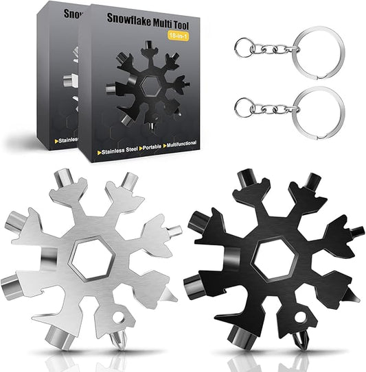 Snowflake Multitool, 2Pcs 18 in 1 Snowflake Multi tool Stainless Steel Snowflake Tool with Keyring(Black and Silver)