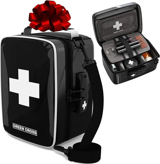 GREEN CROSS Smell Proof Bag Stash Box Medicine Bag Stash Bag 9x6x5 (Black Vinyl)