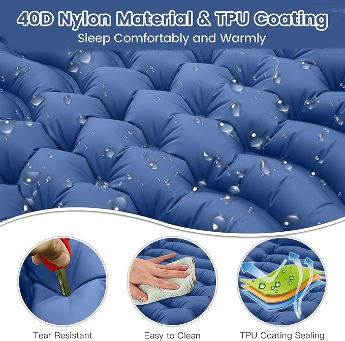 Double Sleeping Pad 4" Self Inflating Camping Mat with Pillow Built-in Foot Pump Portable 2 Person Camping Pad Waterproof Camping Mattress for Camping Backpacking Hiking Traveling Tent Blue…