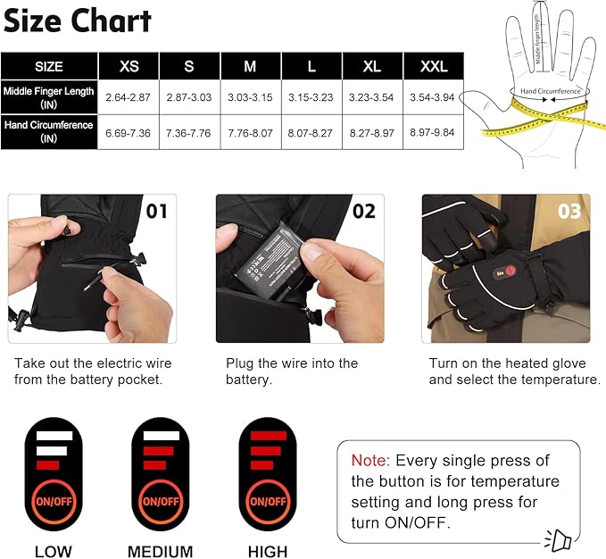 Heated Gloves Electric Battery Heated Gloves Rechargeable for Men Women Heated Ski Gloves Water Resistant Touchscreen 7.4V 2200mAh up to 6.5hrs for Skiing Hiking Motorcycling Camping