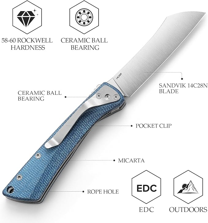 Higonokami Folding Pocket Knife for Men，3.3" 14C28N Satin Camping EDC Knives with Clip Micarta Handle，Norma-04L