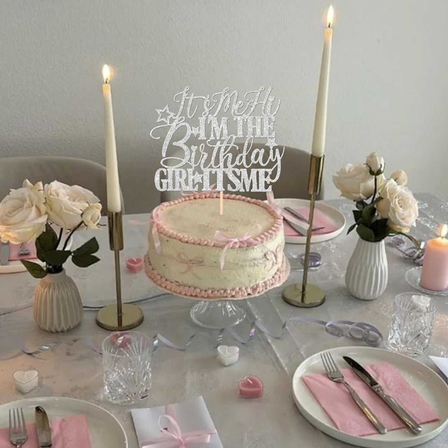 1 PCS It's Me Hi I'm the Birthday Girl It's Me Cake Topper Glitter Music Singer Cake Pick for Funny Hip Hop Singer Girls Birthday Party Cake Decorations Supplies Silver