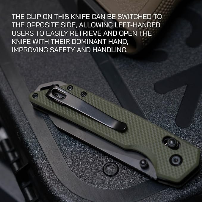 Fang EDC Folding Pocket Knife | 3.22" Tanto Blade, D2 Steel, G10 Handle, Crossbar Lock, Reversible Pocket Clip | Olive Drab Green