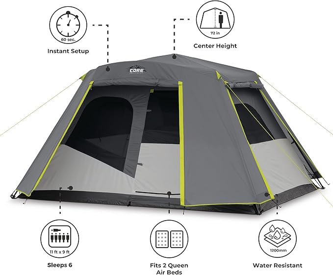 CORE Instant Cabin Tents | 6 Person / 9 Person / 10 Person / 12 Person Family Cabin Multi Room Pop Up Tents Car Camping | Included Storage Pockets for Camping Accessories