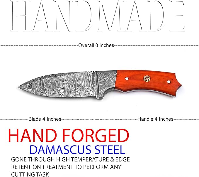 Handmade Damascus Skinning Knife with Sheath, 8-inch Fixed Blade knife Sharpener & Fire Starter for Camping, Outdoor, Bushcraft (RED HANDLE)