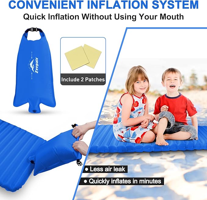 Sleeping Pad for Camping - Ultralight Inflatable Sleeping Mat for Camping Backpacking Hiking Tent Traveling - Portable Compact Lightweight Waterproof Air Mattress with Inflating Bag - Blue