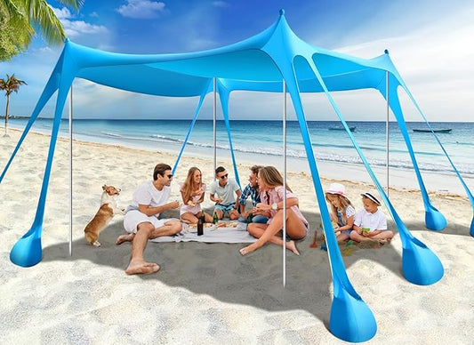 Rhino Valley Beach Tent Sun Shelter, Beach Canopy Tent Sun Shade UPF50+ Protection with 8 Sandbags 4 Stability Poles, Outdoor Beach Shade Canopy for Beach, Camping, Fishing