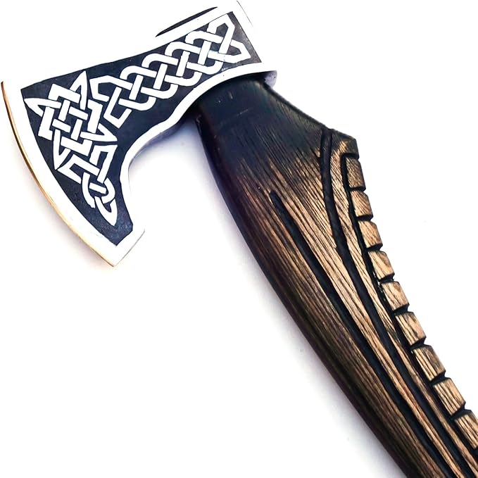 Hand Forged Vikings Axe & Damascus Steel Folding Knife Set- 21"" Carbon Steel Nordic Hatchet + EDC Knife with Sheath- Ideal for Camping, Gift for Men, Black