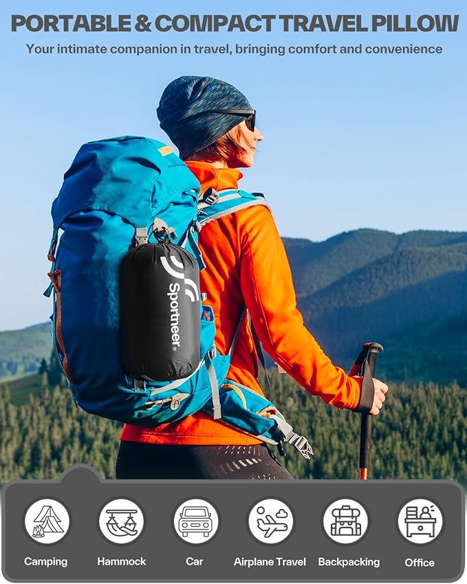 Sportneer Camping Pillow for Sleeping, Compact Camp Pillow Travel Pillow with Washable Cover and Storage Bag Camping Essentials and Travel Pillow for Airplanes Camping Travel