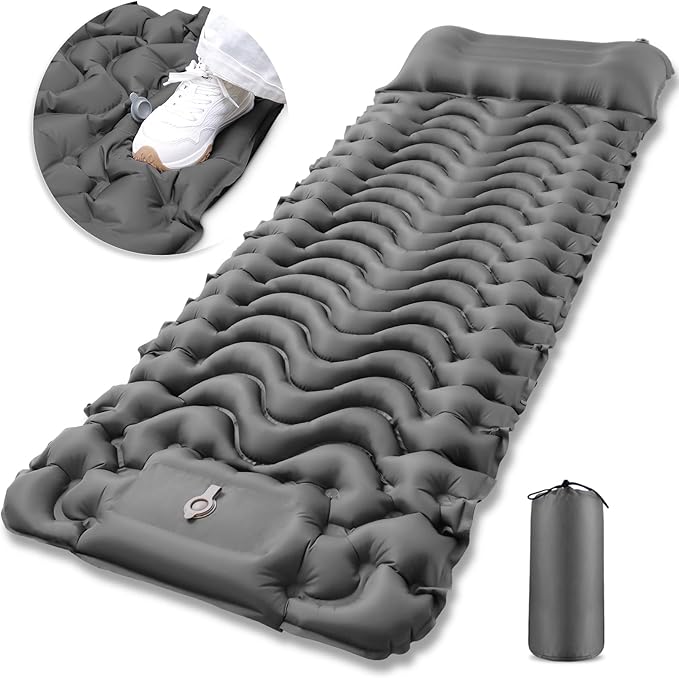 Inflatable Camping Sleeping Pad with Pillow, Compact Sleeping Mat with Built-in Foot Pump, Lightweight Camping Air Mattress for Backpacking Traveling Hiking Tent