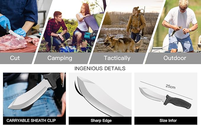 Fixed Blade Outdoor Duty Straight Knife, Tactical Survival Knife with Waist Clip,Camping Gift for Men MHT1-Z (Sliver)