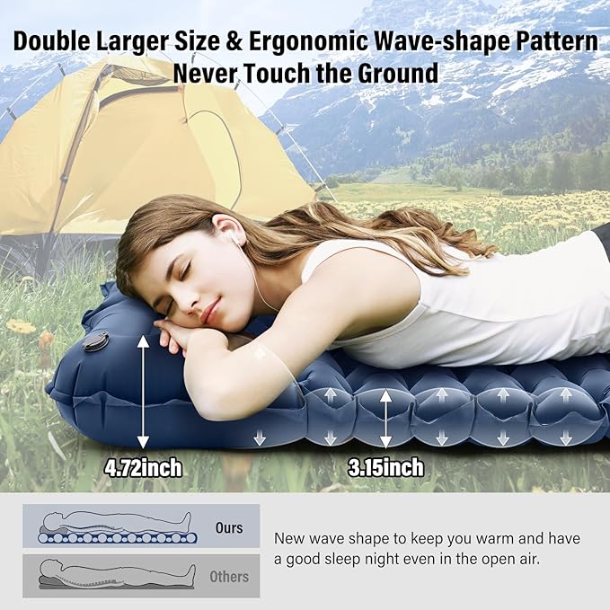 Double Sleeping Pad for Camping, Blue Inflatable Sleeping Mat with Pillow, Ultralight 2 Person Camping Pad with Built-in Foot Pump for Backpacking, Hiking, Tent, Portable Camping Mattress