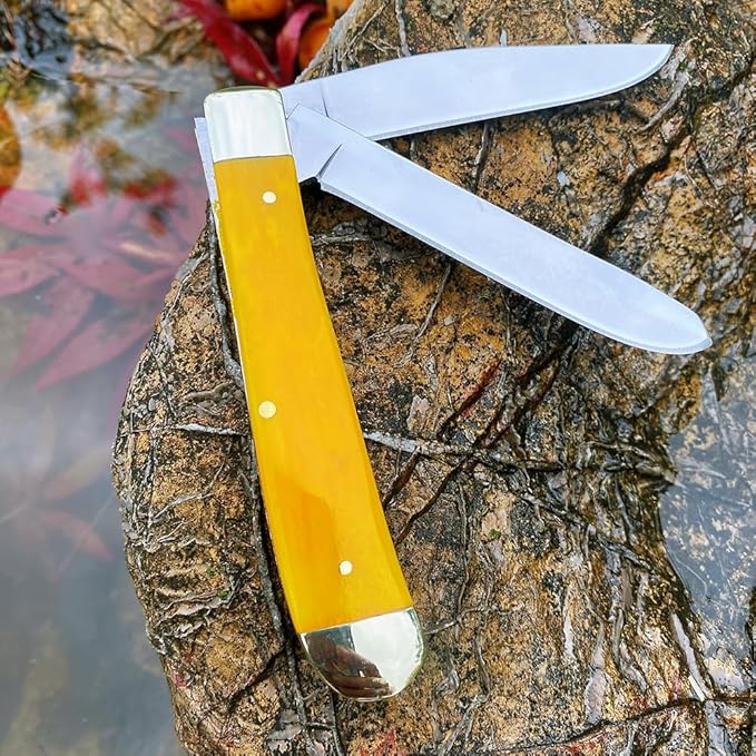 Watchman Trapper Pocket Knife – Dual Stainless Steel Blades Slip Joint Knife Folding Pocket Knife with Authentic bone handle scales (yellow)