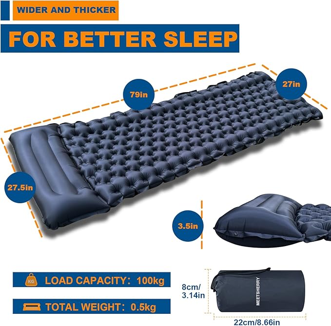 Sleeping Pad for Camping with Built in Pillow Self-Inflating Sleeping Mats with Built-in Foot Pump Ultralight Travel Air Mattress for Camping Backpacking Tent Hiking Blue 1Pcs