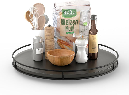 16" Acacia Wood Lazy Susan Turntable with Metal Frame - Large Black Lazy Susans Organizer Countertop Storage - Wooden Serving Tray for Charcuterie Cheese Board - Kitchen Counter Rotating