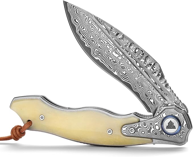 Lepus-02｜4.09" Damascus Folding Knives & Pocket Knife for Men, EDC Flipper Knife with Leather Holster，Hand Polished OX Bone Scale，Collections, Gift Box