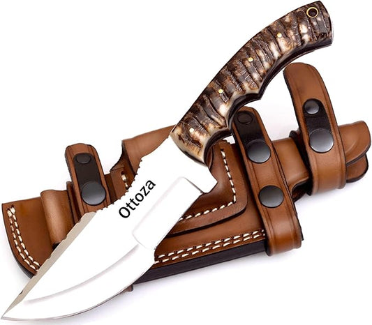 Ottoza Tracker Knife & Ram Horn Handle - Fixed Blade Hunting Knife - Horizontal Carry Knife Sheath 376