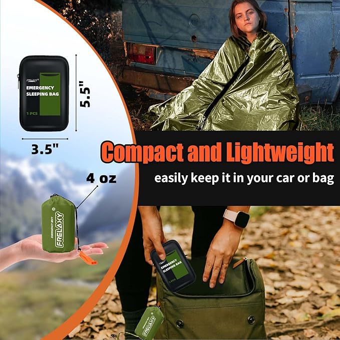 Frelaxy Emergency Sleeping Bag 1-Pack/2-Pack, Extra-Thick Compact Survival Bivy with Whistle, Storage Pouch, and EVA case, Perfect for Survival Kits