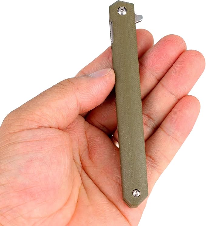 Samior G1035 Small Slim Folding Pocket Flipper Knife, 3.5 inch D2 Tanto Blade, Army Green G10 Handle with Liner Lock Pocket Clip, Gentleman's EDC Knives 1.3oz