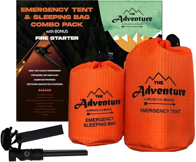 Emergency Sleeping Bag & Tent Shelter, Stocking Stuffer! Combo Prepper kit Survival Tent, Bivy Sack Tent, Sleeping Bag, Fire Starter + Whistle, Mylar Thermal Adventure Supply Co.