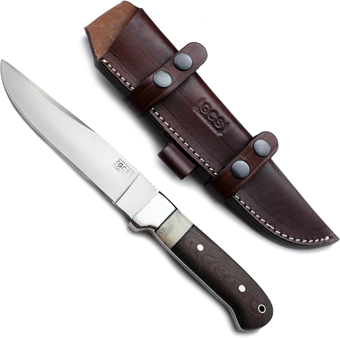 GCS Handmade D2 Steel Tactical Survival Hunting Camping Knife Brown Micarta Handle with Brown Leather Right or Left Hand Horizontal Fixed Blade Knife Sheath & Sharpening Stone GCS209