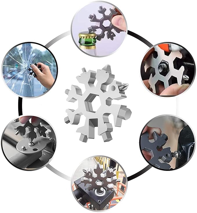 Snowflake Multitool,18-in-1 Stainless Steel Snowflake Tool, Snowflake Wrench Screwdriver with Key Ring,Carabiner Clip(Silver)