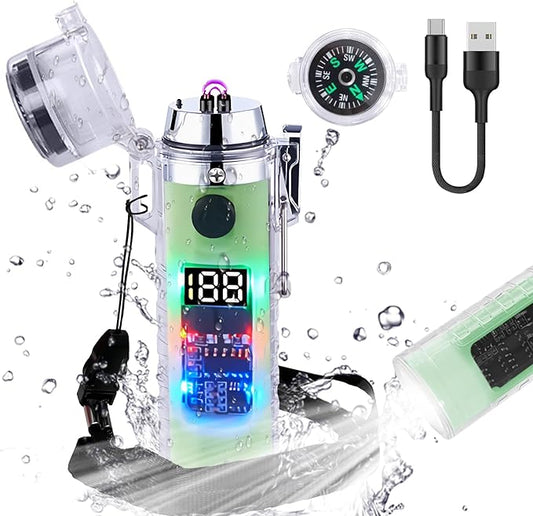 YOZWOO Electric Lighter USB Rechargeable Lighter Double Arc Plasma Lighter No Butane Lighter Compass Cool Lighter with Luminous LED Light for Adventure, Hiking, Survival Tactical Gear (Luminous)