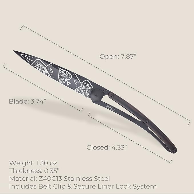 deejo Ultra Lightweight Folding Pocket Knife with Belt Clip - Ebony Wood Version 1.3 oz - Fine, Sharp Blade - Good Luck Pattern - Black Titanium Coating Stainless Steel - Elegant and Modern Design