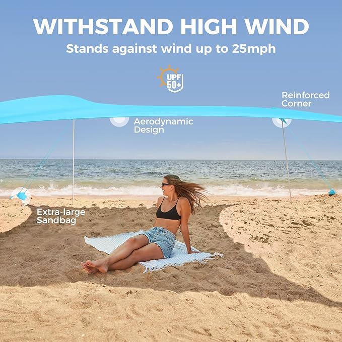 WEKAPO Beach Tent Sun Shelter - Easy Setup Beach Canopy with 4 Sturdy Poles, Large Sandbags and Shovel, 7'1'' Tall, Windproof Sun Shade for Backyard and Camping, UPF 50+ Protection