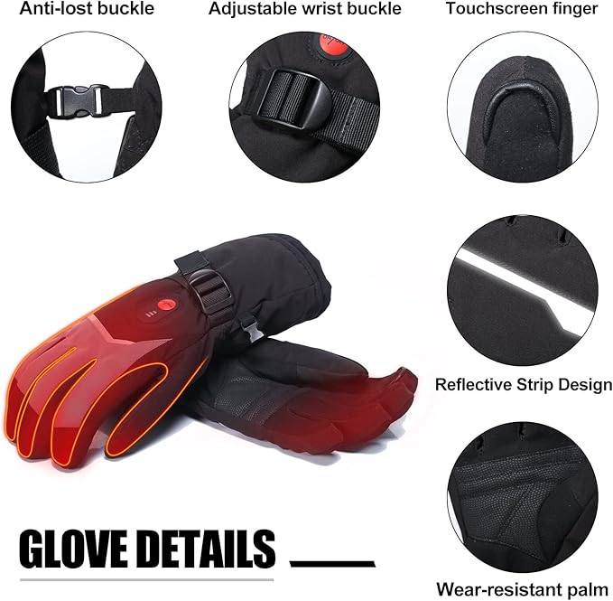 Heated Gloves Electric Battery Heated Gloves Rechargeable for Men Women Heated Ski Gloves Water Resistant Touchscreen 7.4V 2200mAh up to 6.5hrs for Skiing Hiking Motorcycling Camping